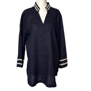 Chicos Navy Blue Linen Tunic Top Rick Rack V Neck 3/4 Sleeve Size 2 (US 12)